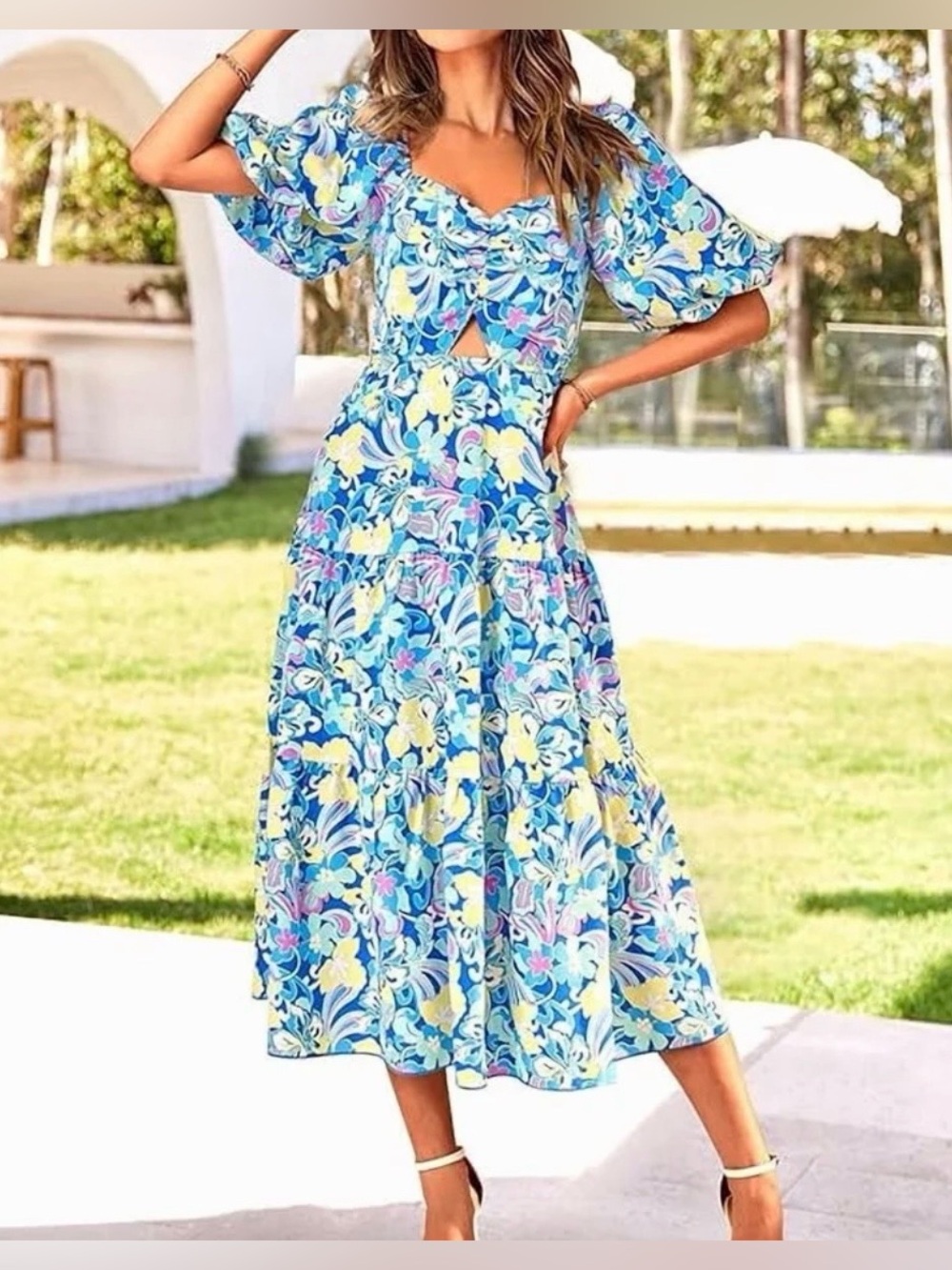 BTFBM Casual Square Neck Puff Long Sleeve Smocked Floral Boho Flowy Maxi SZ XXL